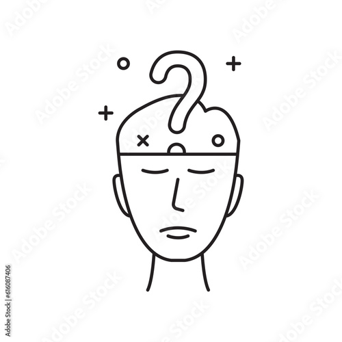 thin line sad face with question mark inside. flat linear trend modern hr planning logotype stroke design web element isolated on white. concept of recruitment sign for business or amnesia therapy