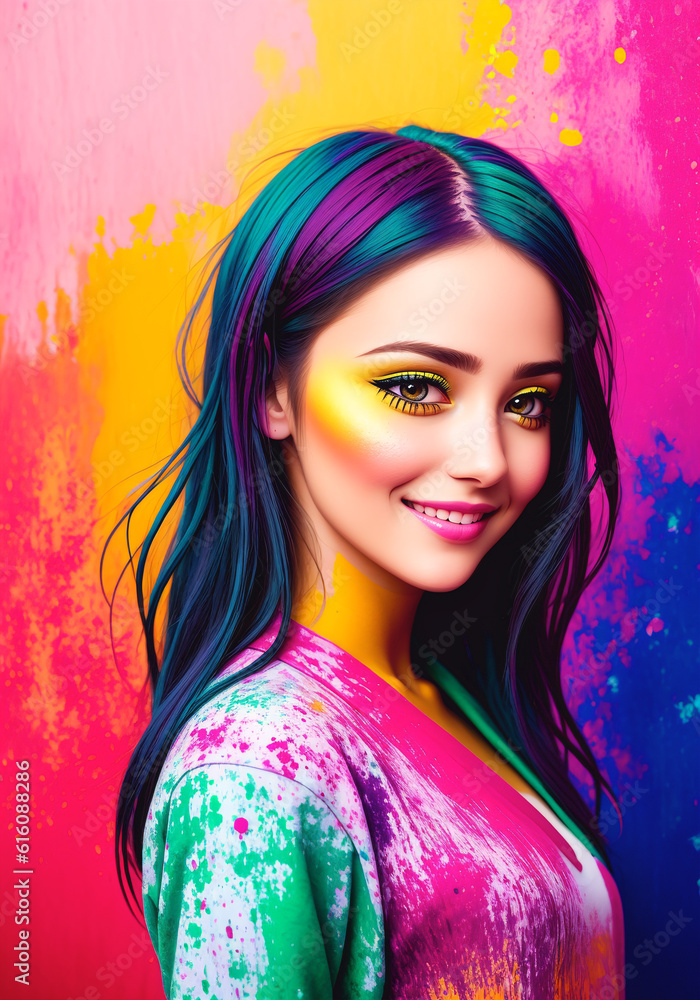 Beautiful young woman with colorful hair. Generative AI.
