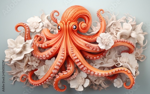 An orange and white octopus sculpture on a wall. Generative AI