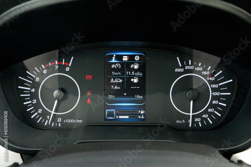 Speedometer of Modern car close up. Modern car speedometer. Panoramic shot of the dashboard a car
