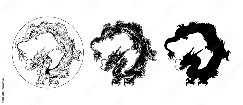 hand drawn illustration of asian dragon in circle shape hand drawn illustration of asian dragon in circle shape
