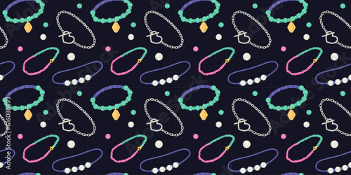 Seamless pattern with beautiful bracelets and beads on a black background.
