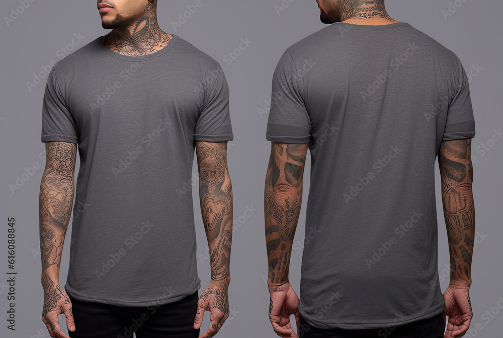 Photo realistic male grey t-shirts with copy space, front, and back view Photo realistic male grey t-shirts with copy space, front, and back view