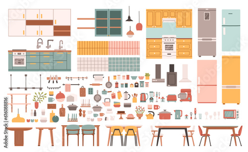 Kitchen dining elements set. Cute kitchen decor. Cooking furniture. Fridge and oven. Kitchenware shelves.