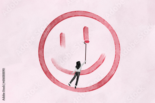 Collage 3d pinup pop retro sketch image of lady painting big smiley face isolated pink color background