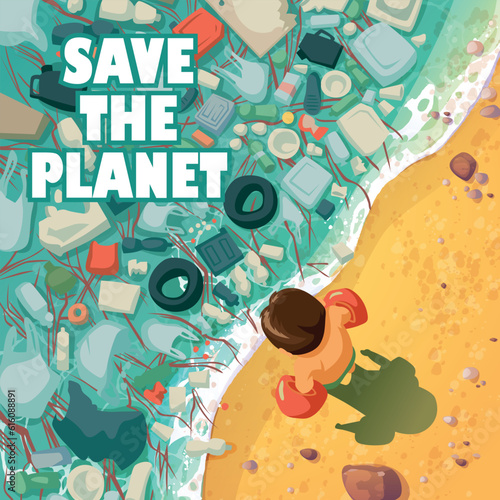 illustration of a beach polluted by garbage. banner poster design to save our planet