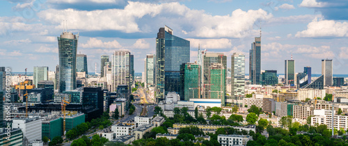 Warsaw city center aerial landscape  skyscrapers panorama under blue cloudy sky