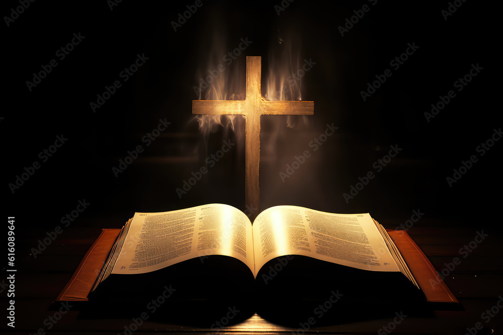 An open antique bible book and a glow-in-the-dark cross with smoke. Creative concept of religion, faith, hope and scripture on black background with copy space for text. Generative AI photo imitation.