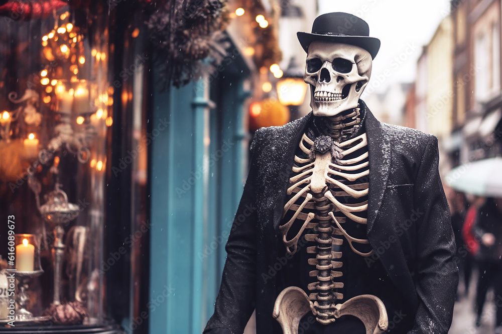 Obraz premium Skeleton in a black jacket on halloween street. Generative AI