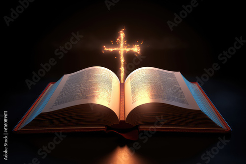 An open antique bible book and a glow-in-the-dark burning cross. Creative concept of religion, faith, hope and scripture on black background with copy space. Generative AI photo imitation.