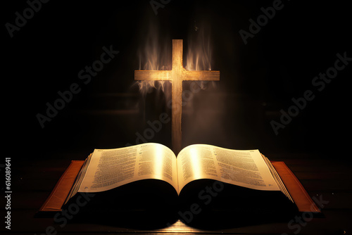 An open antique bible book and a glow-in-the-dark cross with smoke. Creative concept of religion, faith, hope and scripture on black background with copy space for text. Generative AI photo imitation.