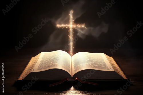 An open antique bible book and a glow-in-the-dark cross with smoke. Creative concept of religion, faith, hope and scripture on black background with text space. Generative AI photo imitation.