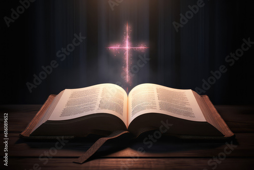 An open antique bible book and lighting glow-in-the-dark cross. Creative concept of religion, faith, hope and scripture on black background with text space. Generative AI photo imitation.