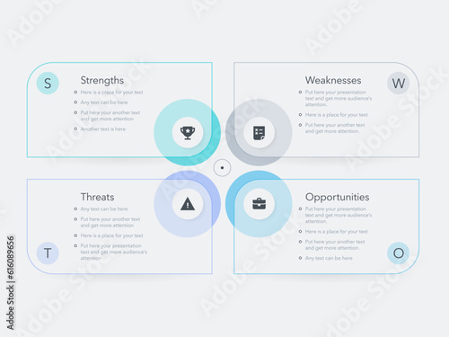 SWOT diagram template with four colorful choices. Flat presentation chart with thin lines, icons and places for your content.