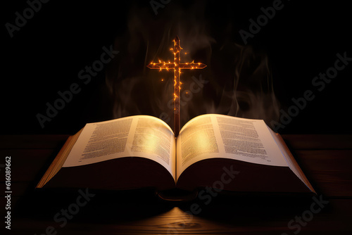 An open antique bible book and burning glow-in-the-dark cross. Creative concept of religion, faith, hope and scripture on black background with text space. Generative AI photo imitation.