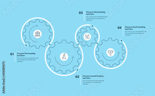 Cogwheel process template with four steps - blue version. SImple chart design for workflow layout, diagram, banner, web design.