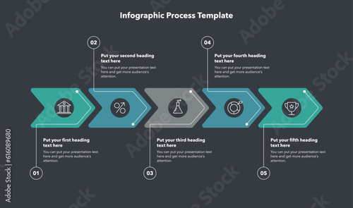 Horizontal arrow process template with five steps - dark version. Flat infographic design, easy to use for your website or presentation.