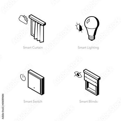 Simple set of smart home icons. Contains such symbols as Smart curtain, Smart lighting, Smart switch and Smart blinds.