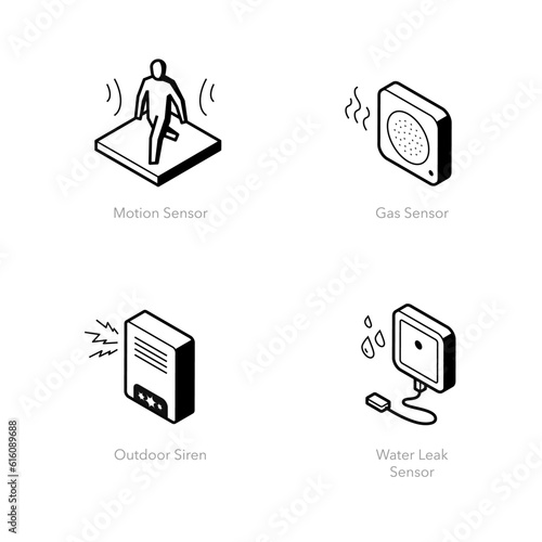 Simple set of smart home security icons. Contains such symbols as Motion sensor, Gas sensor, Outdoor siren and Water leak sensor.