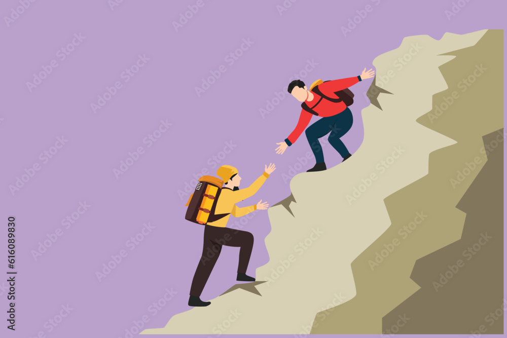 Graphic flat design drawing group of man woman help each other to climb up the mountain. Help hand, hope, support. Business, success, leadership, achievement, goal. Cartoon style vector illustration Graphic flat design drawing group of man woman help each other to climb up the mountain. Help hand, hope, support. Business, success, leadership, achievement, goal. Cartoon style vector illustration