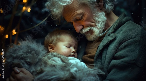 Grandpa gently rocked his newborn grandson to sleep, singing a lullaby softly in his ear.