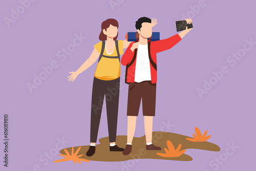 Cartoon flat style drawing romantic couple standing full length trying to take selfie with mobile device in hand. Young man and cute woman are photographed together. Graphic design vector illustration