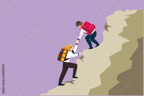Cartoon flat style drawing two people woman success on peak of hills. Team of climbers helping hand on mountain top. Teamwork hiking, trust assistance in mountains. Graphic design vector illustration