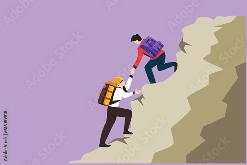 Graphic flat design drawing group of people man and woman helping each other hike up a mountain. Business, success, leadership, achievement and goal concept, symbol. Cartoon style vector illustration