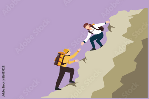 Character flat drawing two woman help each other to climb up the mountain. Help hand, hope and support. Business, success, leadership, achievement and goal concept. Cartoon design vector illustration