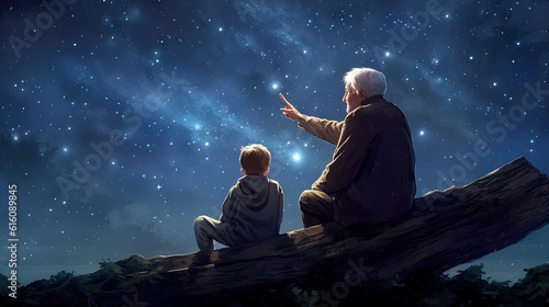 A grandfather and grandson stargazing on a clear night. photo