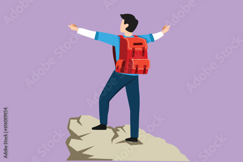 Cartoon flat style drawing climber man stands with arms outstretched on top of mountain. Winner motivational concept. Tourist with backpack. Traveler in summer rock. Graphic design vector illustration