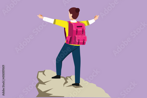 Character flat drawing climber woman stands with arms outstretched on top of mountain. Winner motivational concept. Tourist with backpack. Traveler in summer rocks. Cartoon design vector illustration
