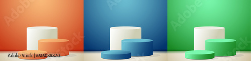 Set of realistic 3d cylinder pedestal podium in pastel colorful abstract rooms, orange, blue, green. Stage showcase, Product display. Vector rendering geometric forms. Minimal wall scene. 
