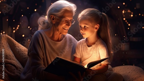 A grandmother and granddaughter reading a storybook togetherю photo