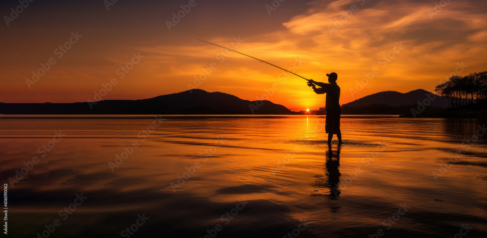 Silhouette of a fisherman in a river face at sunset. Outdoor banner with plenty of negative space for fishing.