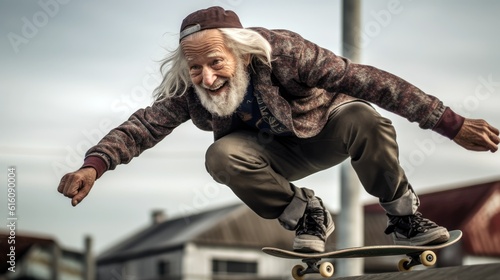 An older man showing off his impressive skateboarding tricks at a local skatepark. photo
