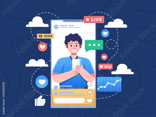 Vector illustration Mobile live stream portrait showcases content creator engaging with audience through smartphone. Illustrates convenience and accessibility of mobile broadcasting.