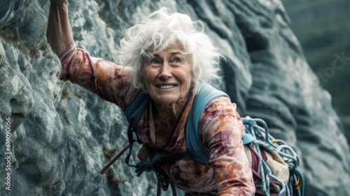 An older woman dressed in workout attire, completing a challenging rock climbing route. © MADMAT