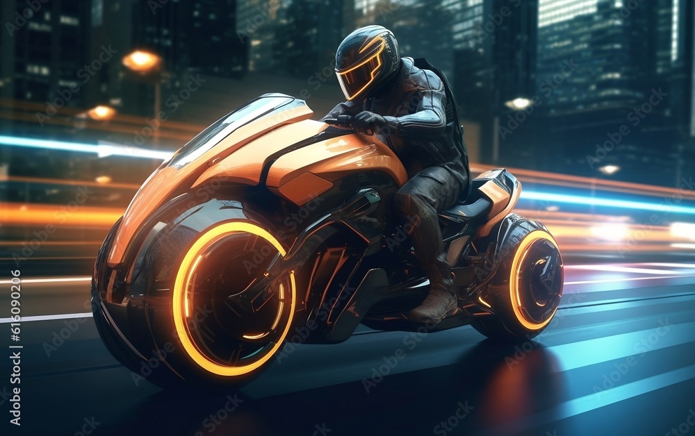 A man riding on the back of a futuristic motorcycle. Generative AI