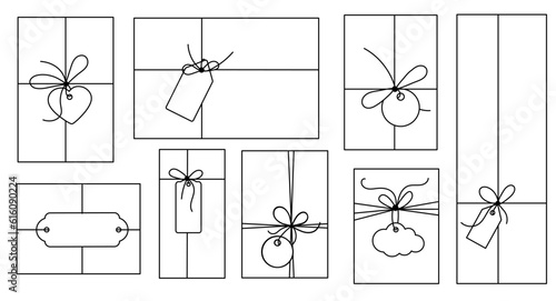 Gift box with bow and label tag on ribbon string vector silhouette icon set. Black line art rope cord with knot and bow for birthday or holiday christmas present package decoration.