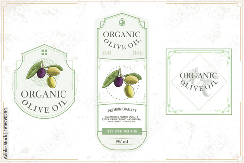 Olive oil bottle packaging label, organic extra virgin olives with a vintage feel. Vector spanish, greek and italian premium quality natural olive oil banners with stars, drops and green leaves
