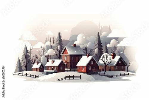 little village houses on snowy winter landscape illustration Generative AI