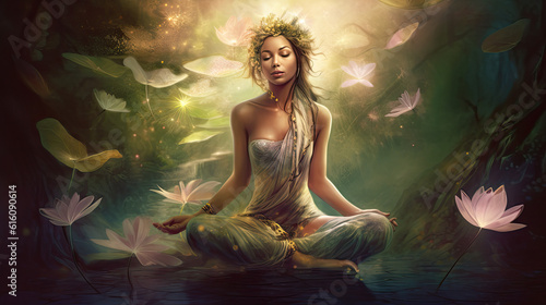 shaman lady yin flow femininity lotus zen meditation in nature - by generative ai