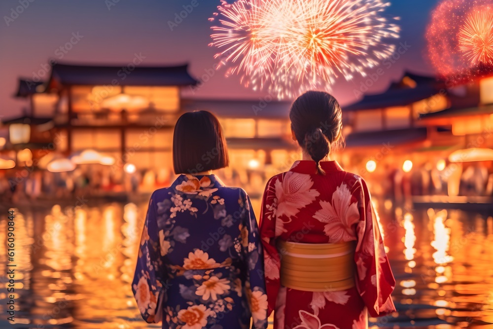 Fototapeta premium 浴衣で花火を見る女性の後ろ姿 with generative ai