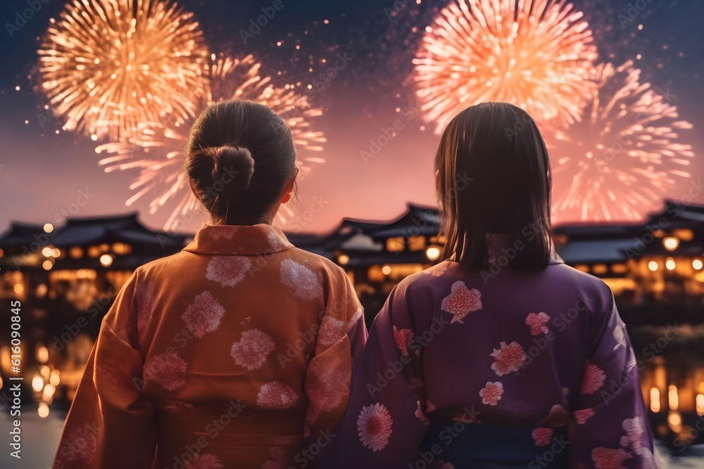 浴衣で花火を見る女性の後ろ姿　with generative ai