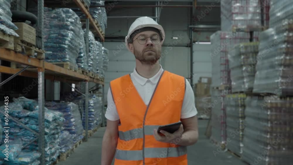 Shipment inspection manager walking inside of the huge industrial warehouse. Shipment inspection manager recording the items amount on a tablet. Shipment inspection manager controlling supply delivery Shipment inspection manager walking inside of the huge industrial warehouse. Shipment inspection manager recording the items amount on a tablet. Shipment inspection manager controlling supply delivery