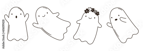 Outline vector illustrations of cute halloween ghosts with face expressions. Hand drawn magic characters sketches for kids. Simple friendly creatures for card, poster, invitation design