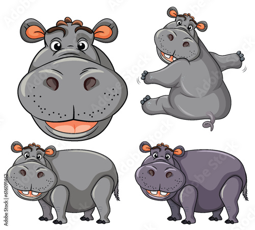 Set of hippo cartoon character