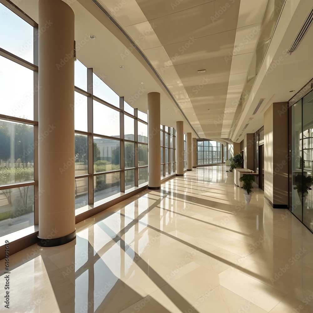 A beautiful modern spacious office hall with panoramic windows and a perspective in pleasant natural beige and brown tones, Generative Ai