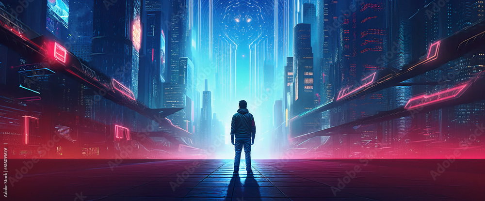 A wide angle shot of a man standing in front of a blurred cyberpunk city panorama with bright neon lights. Photorealistic Generative AI illustration.